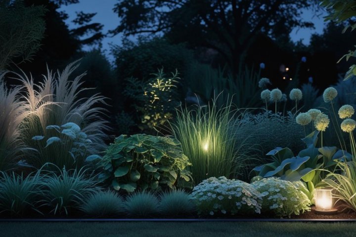 Ogród nocą – rabata bylinowa obserwowana po zmroku przy delikatnym oświetleniu